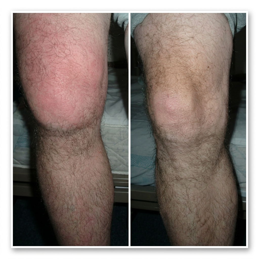 Antes e depois — Joelho inchado e tendinite
